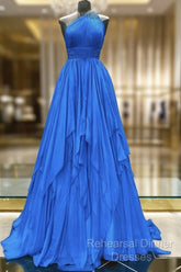 One Shoulder Blue Backless Long Semi Formal Prom Dresses, Open Back Blue Long Formal Evening Dresses